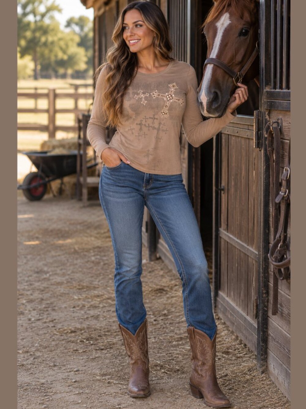 Beverly Hills brown embellished long sleeve cross T-shirt - Medium